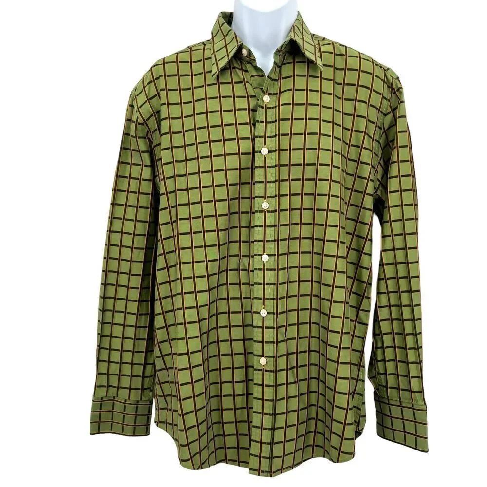 Robert Graham Men's Button Down Shirt XL Green Windowpane Long Sleeves